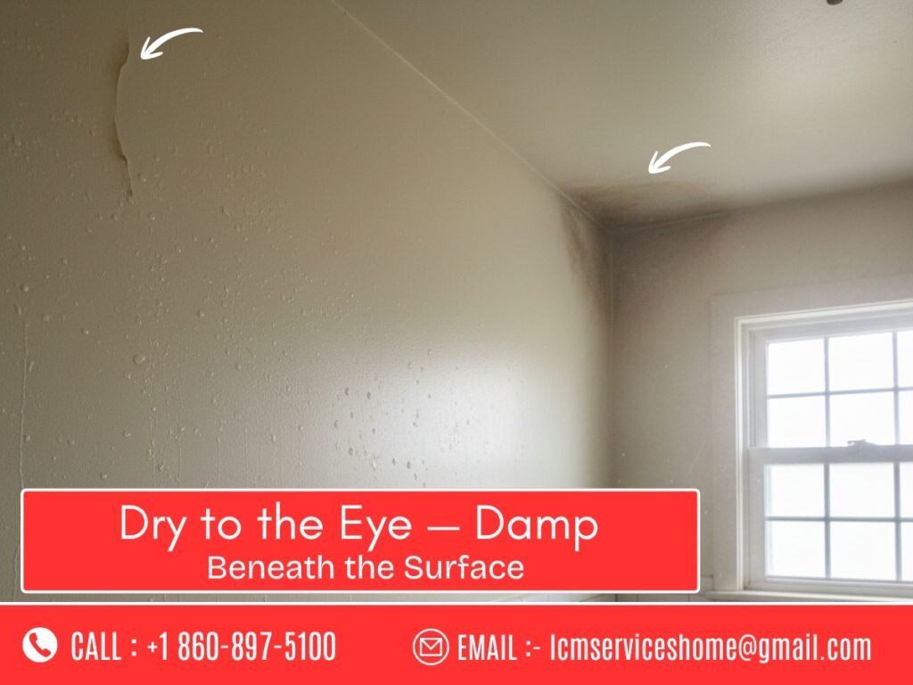 Damp bathroom walls in a Waterbury CT home after shower steam