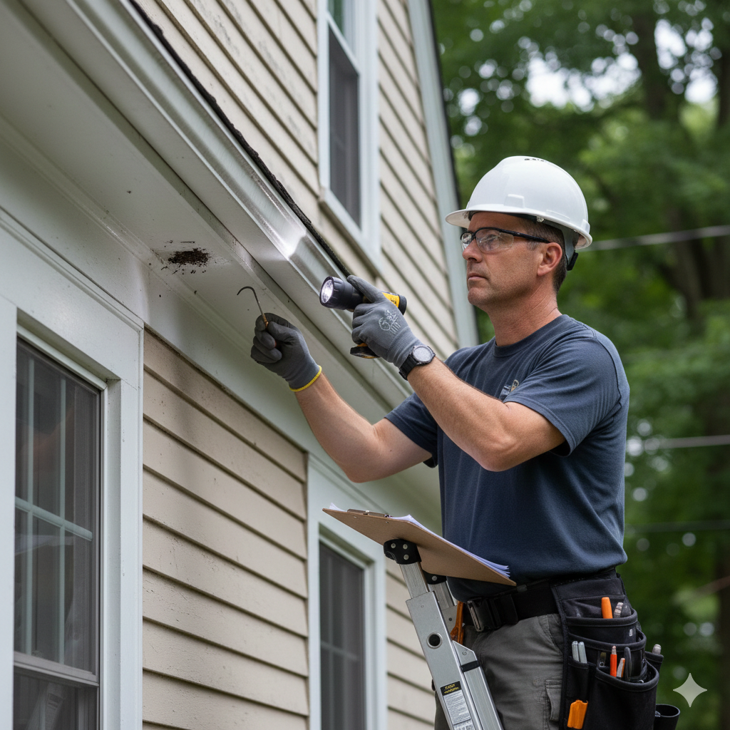 Professional inspecting hidden exterior gaps in a Waterbury CT home for pest entry