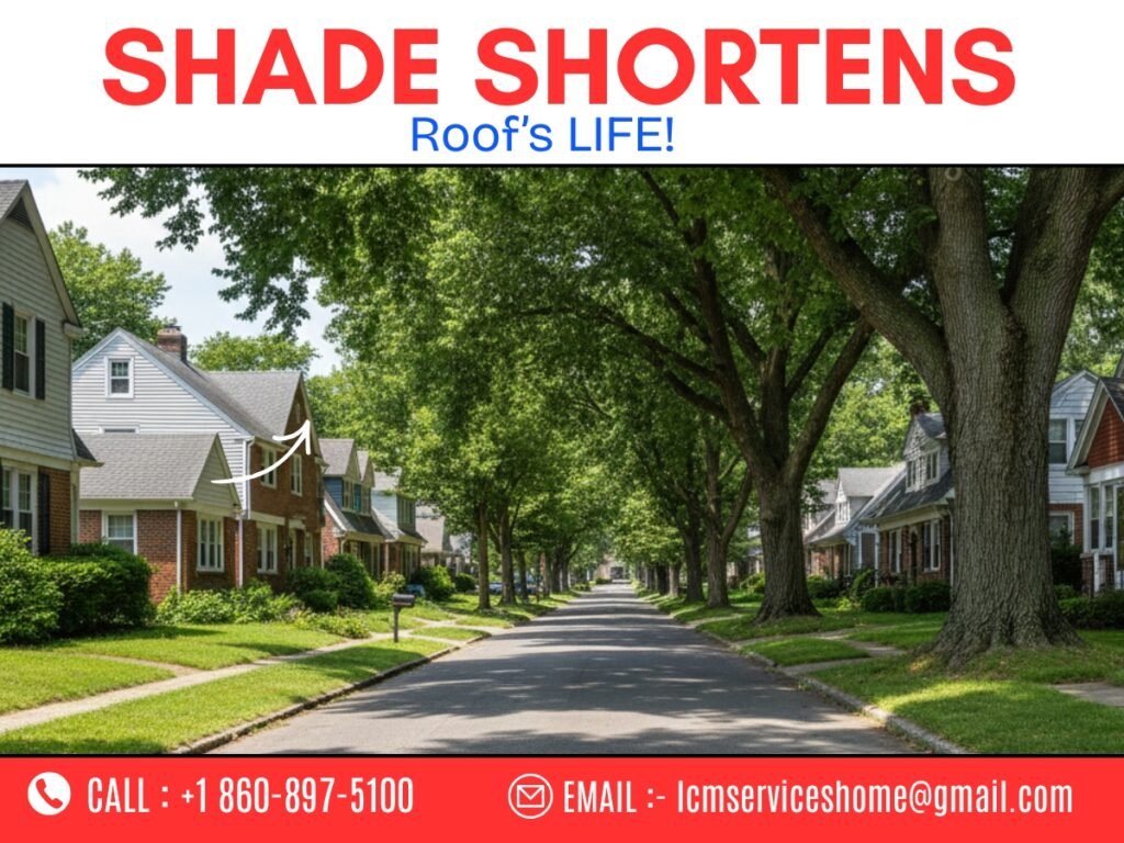Tree shade causing uneven roof aging on a Waterbury CT street