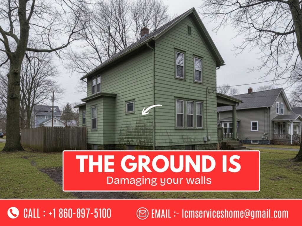 Uneven lot grading causing exterior wall damage on a Waterbury CT home