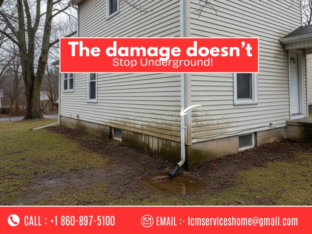 Waterbury CT home showing poor drainage causing exterior moisture damage above ground