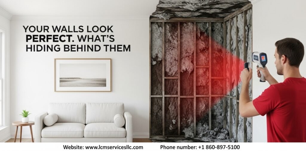 A cutaway view of a clean interior wall revealing hidden mold and rotted studs discovered by LCM Services LLC.