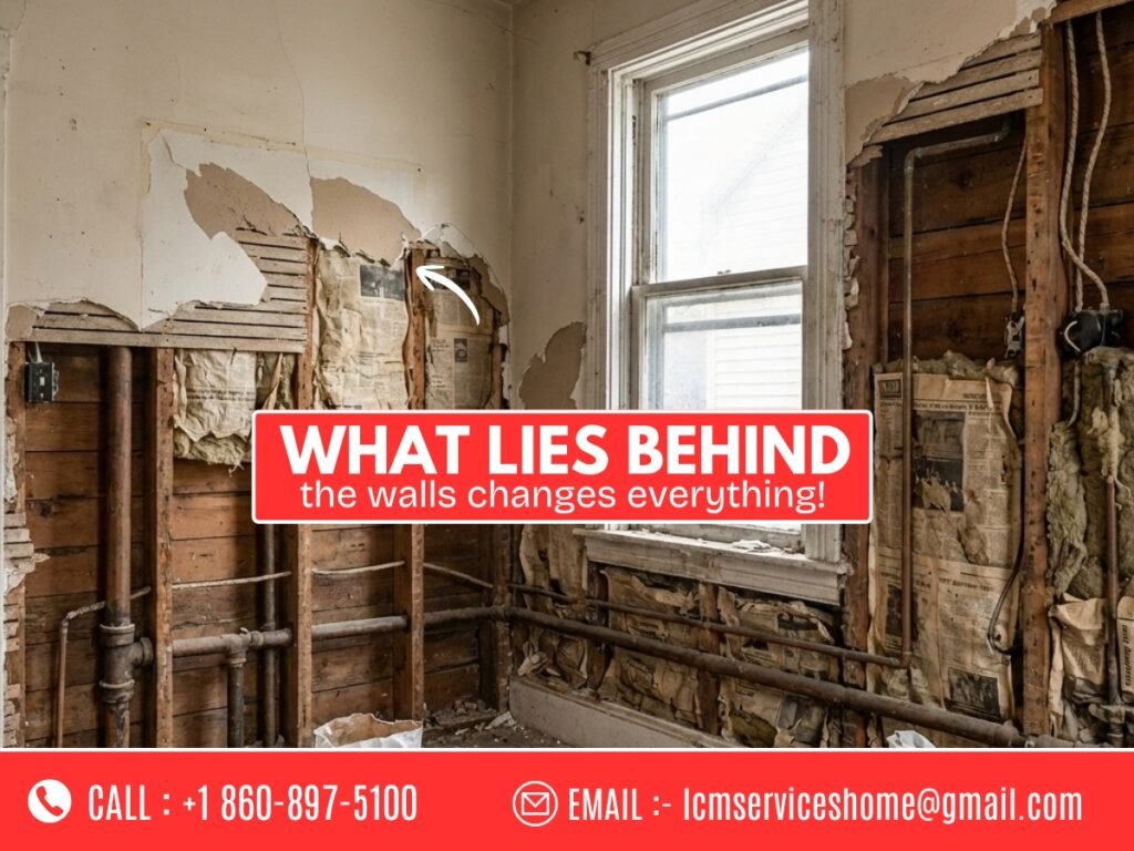 Contractors inspecting hidden damage inside an older Waterbury CT home after opening walls