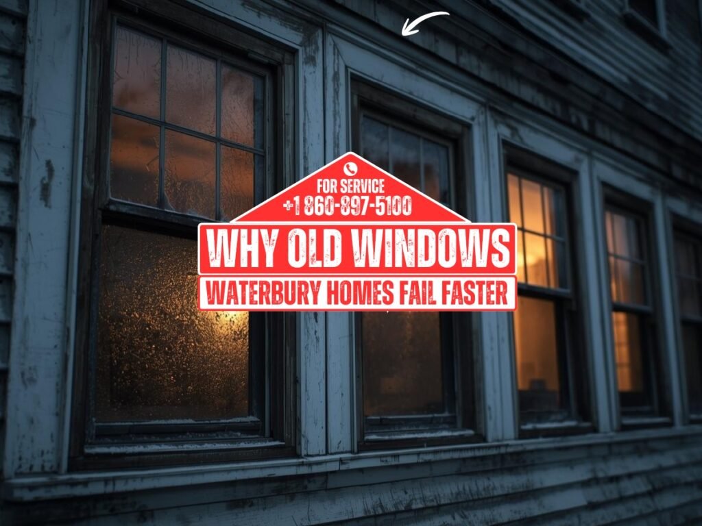 Failing old windows on Waterbury home showing condensation and energy loss