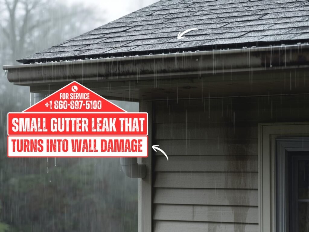 Leaking gutter causing exterior wall water damage on Waterbury CT home