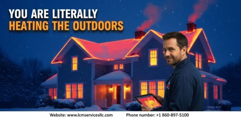 Male LCM Services LLC technician in a navy blue uniform using thermal imaging to show heat escaping a snowy Connecticut home.