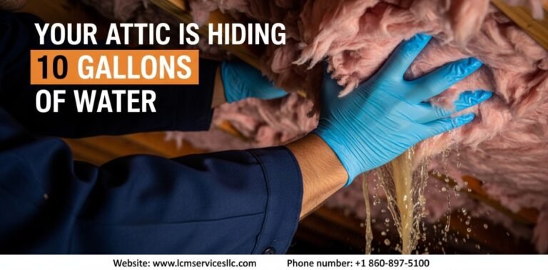 Navy blue uniformed technician from LCM Services LLC squeezing hidden water out of saturated attic insulation.