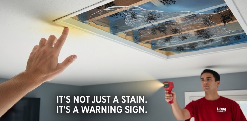 POV of a hand touching a ceiling water stain with a 3D visualization of hidden structural rot.