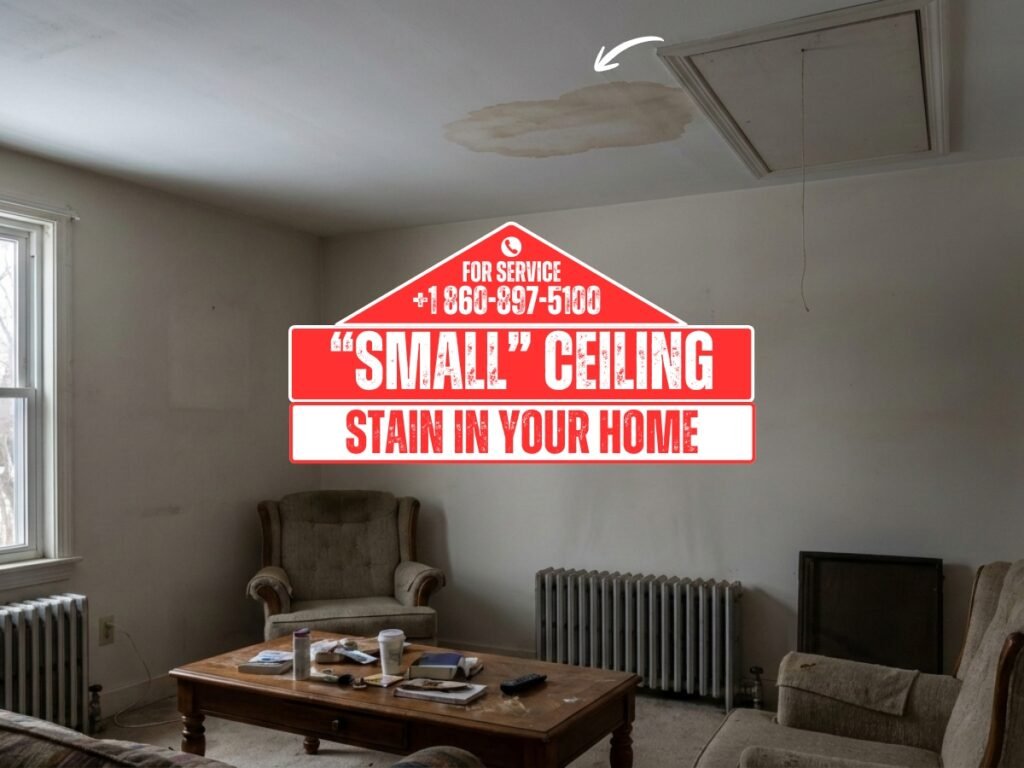 Small ceiling stain caused by hidden roof leak in a Waterbury CT home