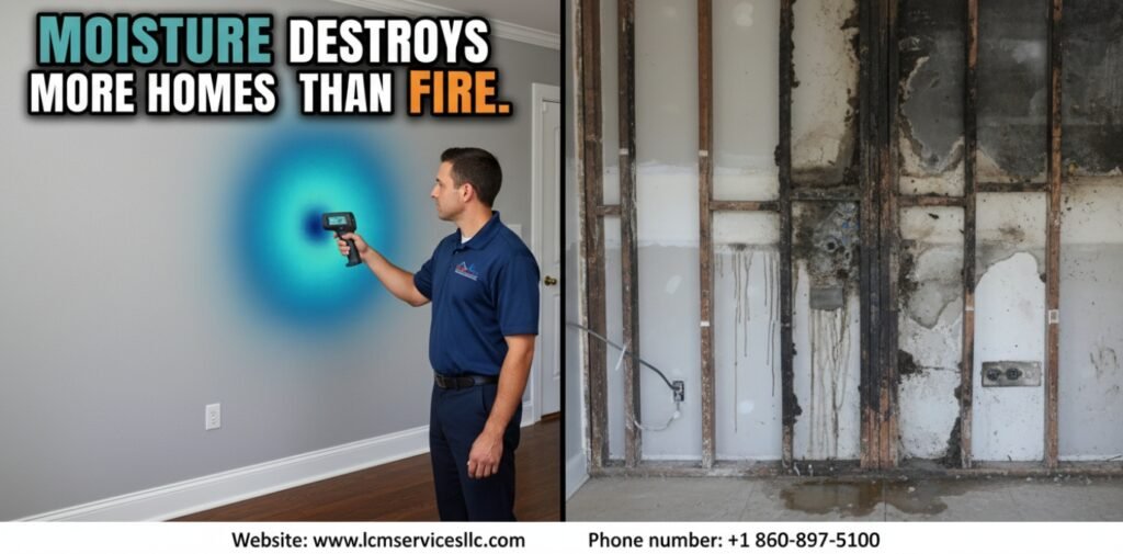 Male technician from LCM Services LLC in a navy blue uniform using a thermal scanner to find hidden moisture and rotting wood framing inside a wall.