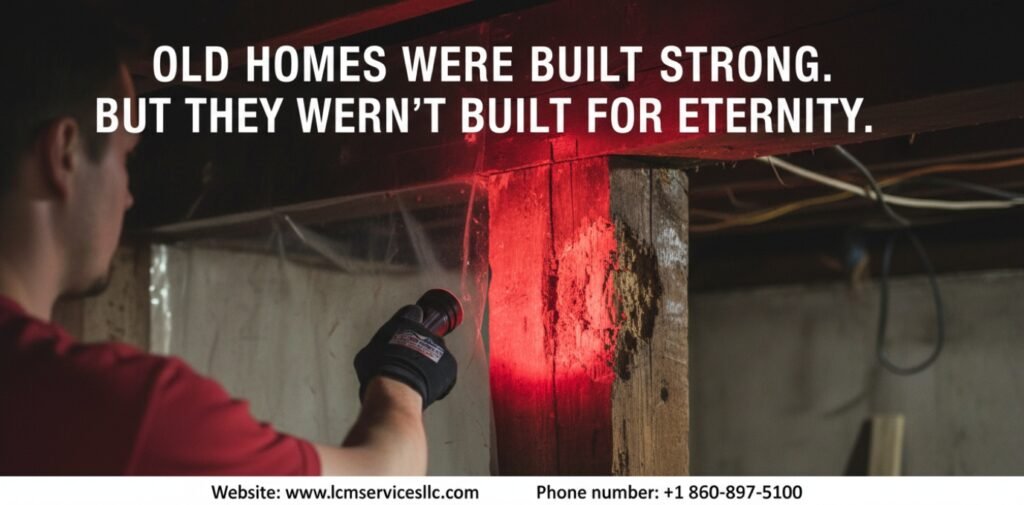 A close-up of a structural wooden beam showing dry rot despite its thick appearance.