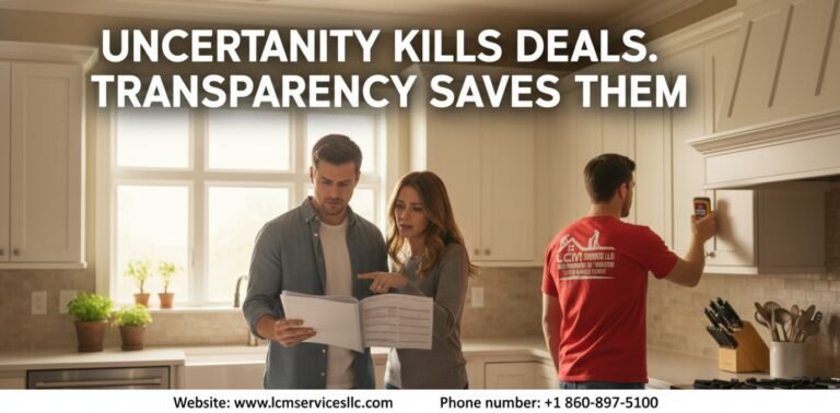 A concerned couple reviewing a home inspection report while an LCM Services technician assesses the property.