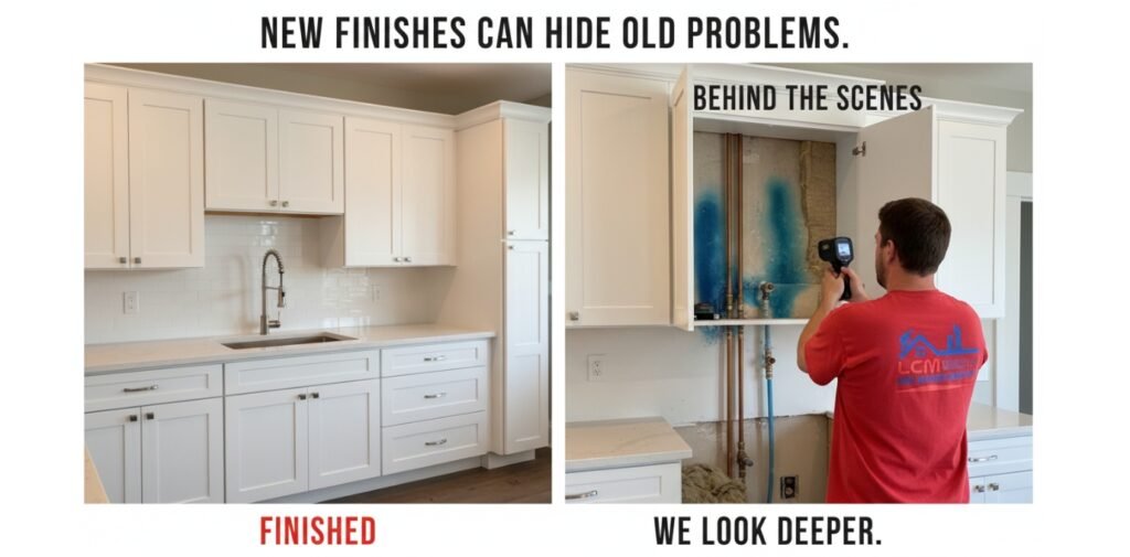 A split-screen showing a renovated kitchen versus a thermal camera revealing hidden moisture issues behind new cabinets.