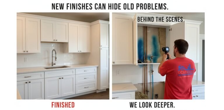 A split-screen showing a renovated kitchen versus a thermal camera revealing hidden moisture issues behind new cabinets.