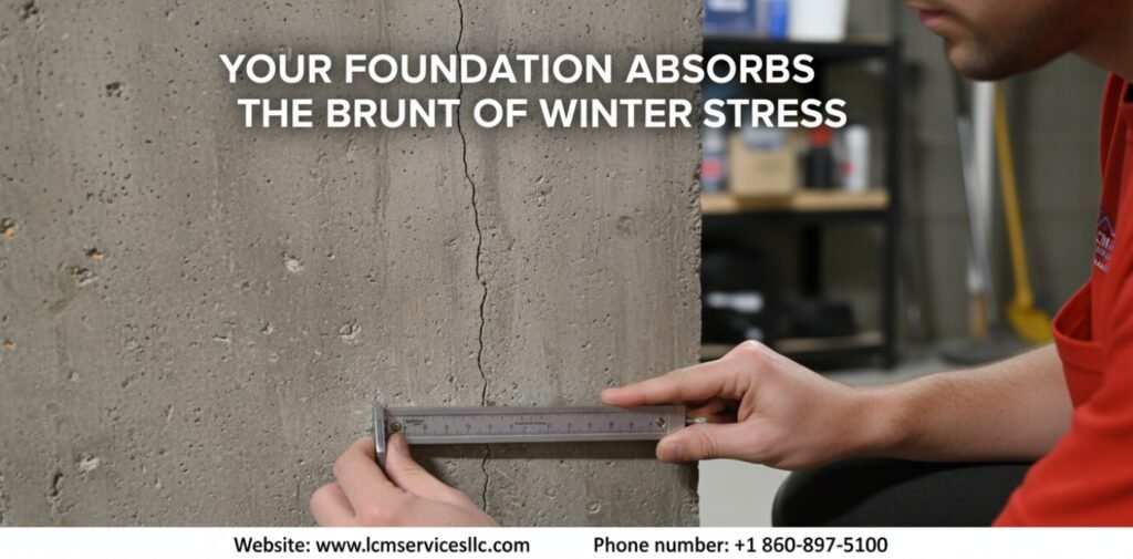 An LCM Services technician inspecting an ice dam that is forcing water under a home's roof shingles.