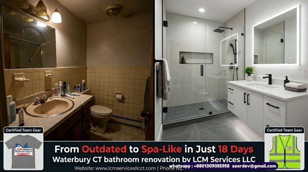 Before and after bathroom renovation Waterbury CT – LCM Services LLC transforms outdated bathrooms into beautiful modern spaces