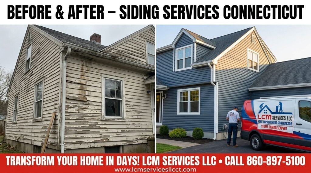 Before and after vinyl siding transformation in Connecticut – old damaged siding replaced with beautiful new vinyl by Lcm Services Llc