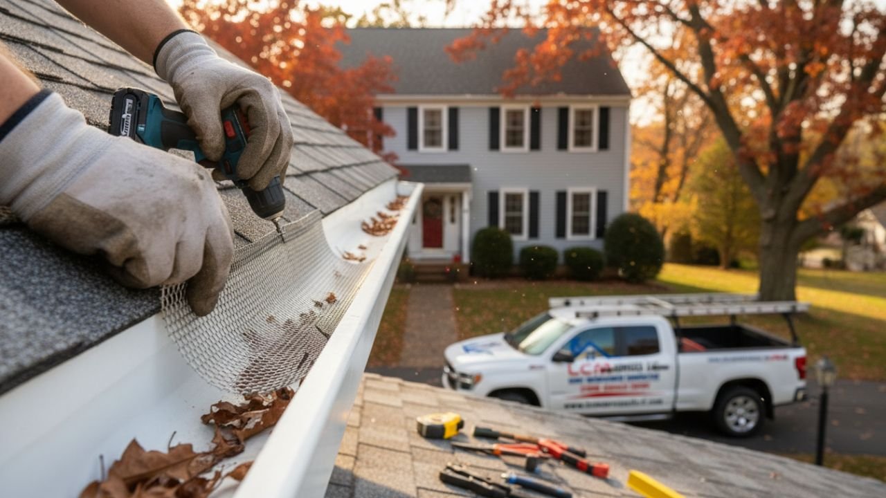 Close-up installation of leaf filter system on gutter Waterbury
