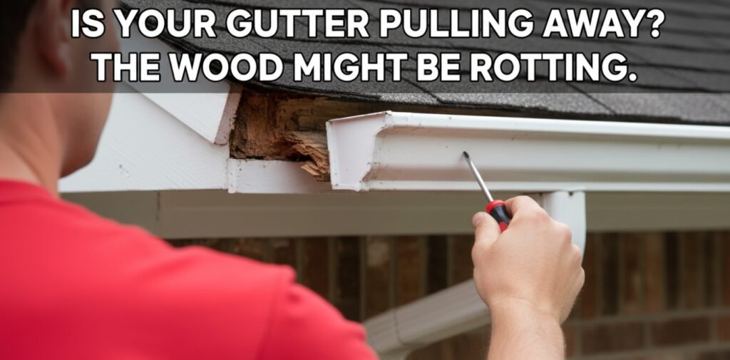 Close-up of rotted fascia board and a sagging gutter being inspected by a professional.