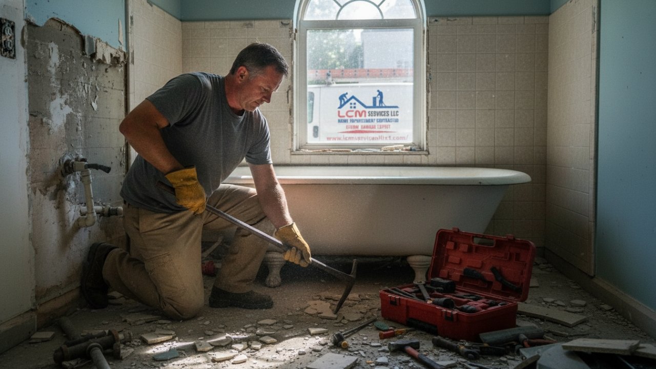 Contractor removing old bathtub in Connecticut home
