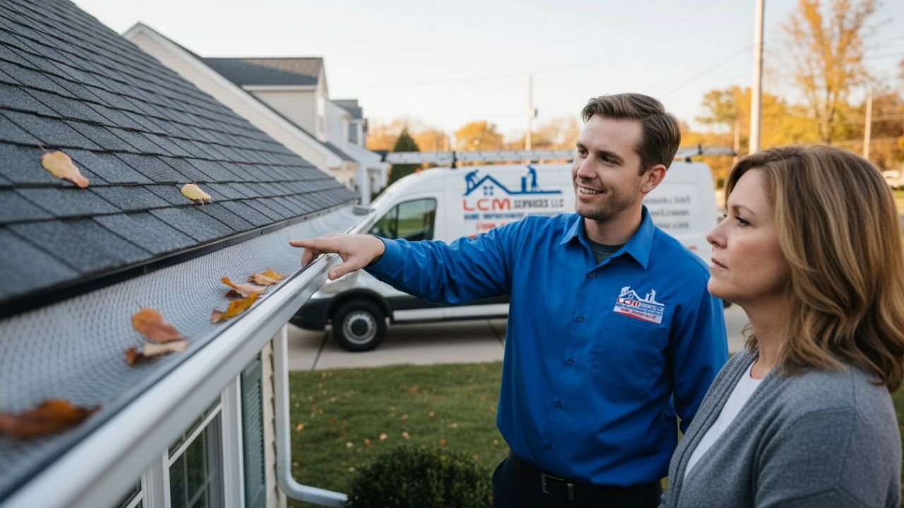 Homeowner inspecting new gutter guard installation Waterbury CT