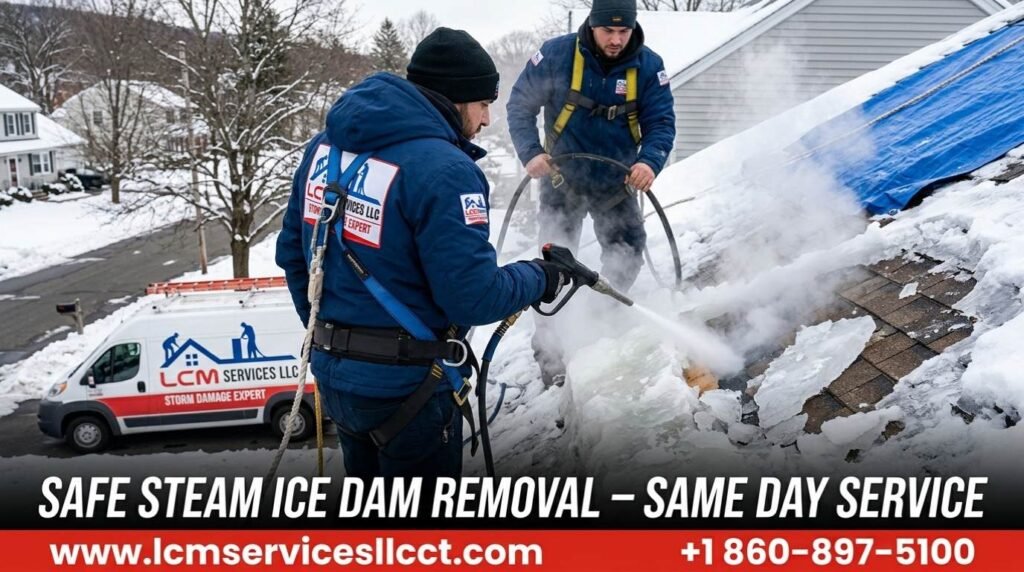 LCM Services LLC crew removing ice dam with steam in Connecticut after blizzard