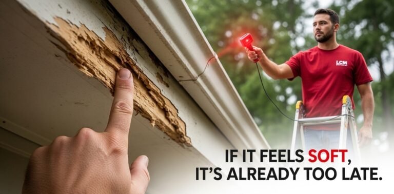 POV of a finger pressing into rotted fascia wood on a Waterbury home, demonstrating advanced edge decay.