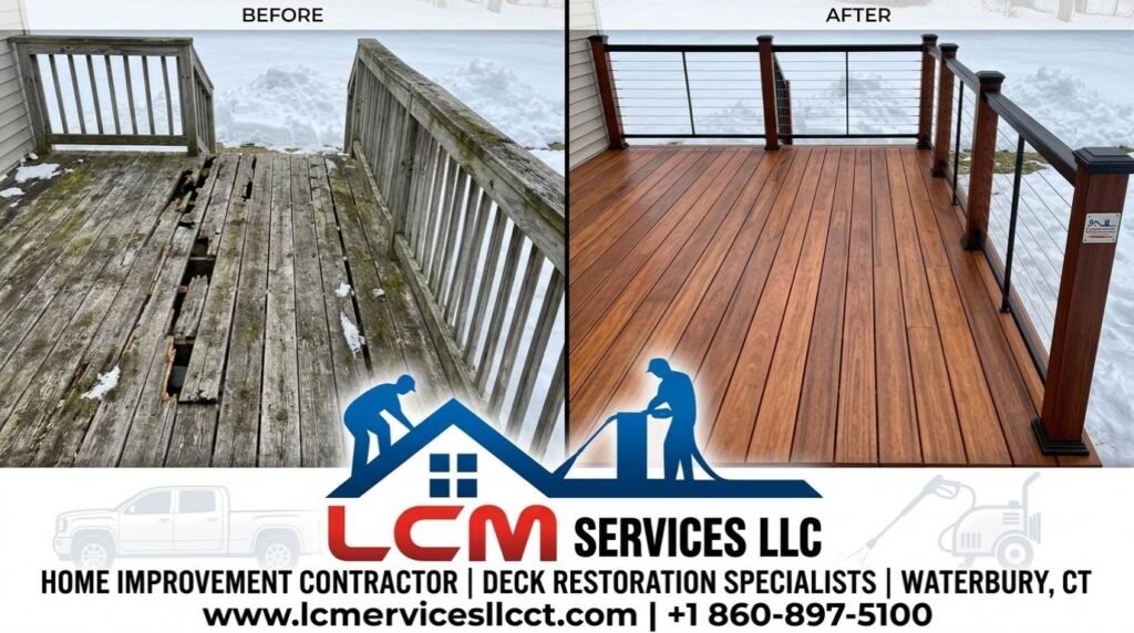 Professional deck repair and restoration services in Waterbury CT by Lcm Services Llc