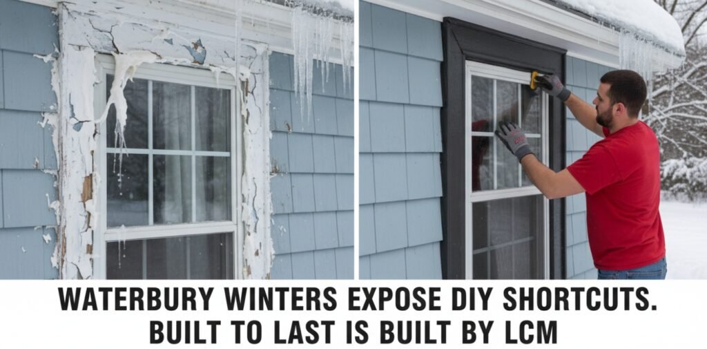 Side-by-side comparison of failing DIY caulk versus professional watertight flashing in a snowy Connecticut winter environment.