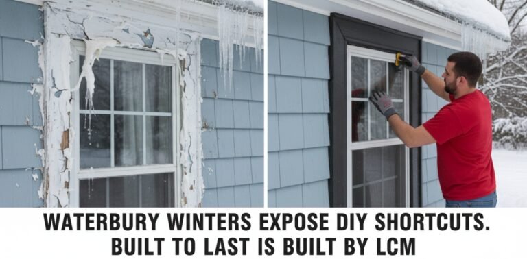 Side-by-side comparison of failing DIY caulk versus professional watertight flashing in a snowy Connecticut winter environment.