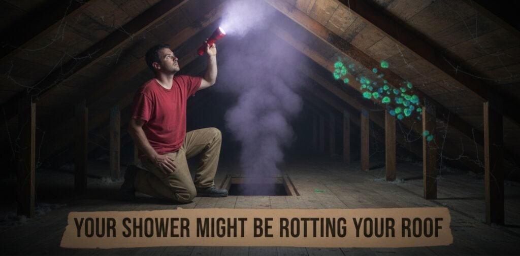 Technician inspecting a bathroom exhaust gap that is leaking steam into an attic space.
