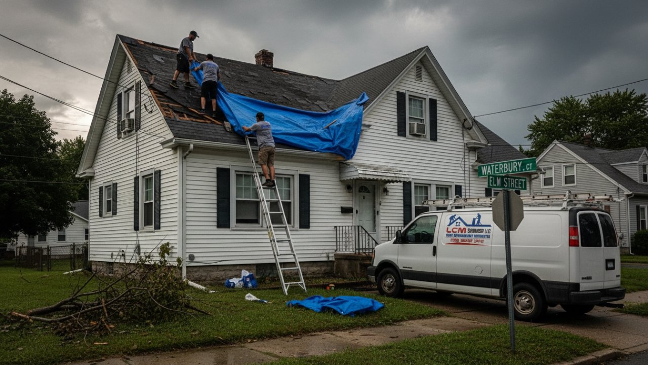 Emergency roof repair Waterbury CT crew tarping a storm‑damaged roof.