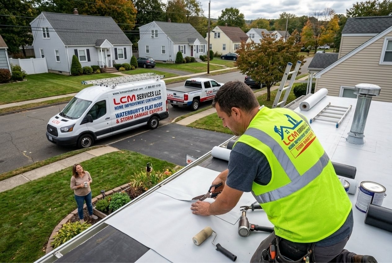 Flat roof repair for homes on Atwood Ave, Waterbury CT – LCM Services LLC.