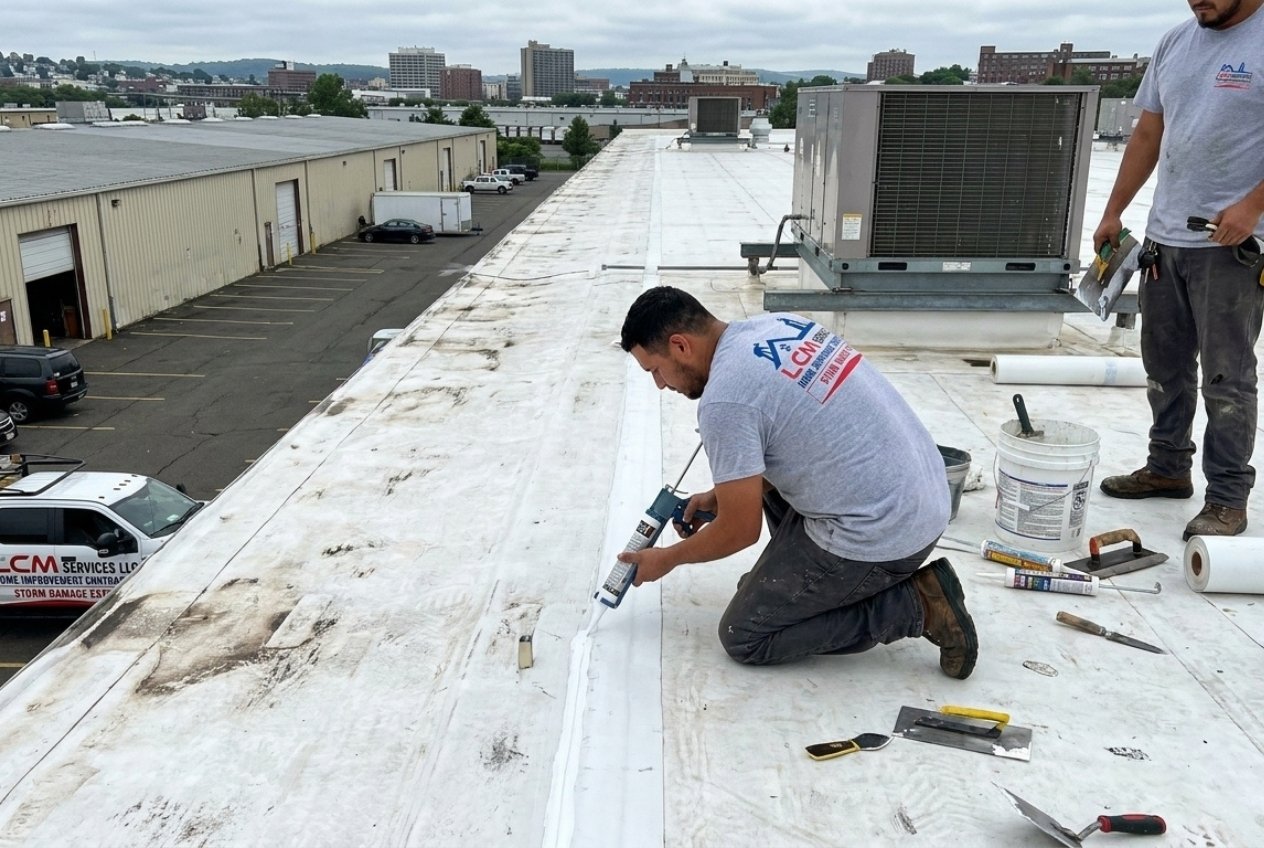 Industrial roof repair for a Waterbury warehouse – LCM Services LLC.