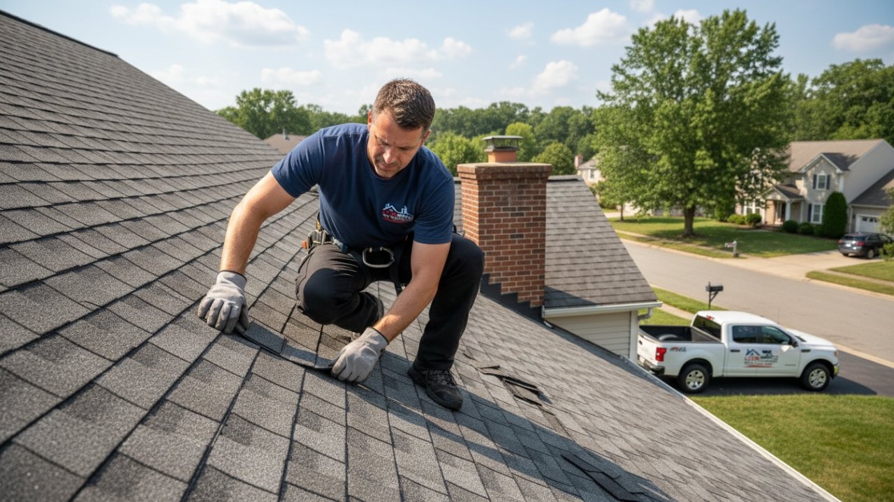 Inspector checking roof shingles CT
