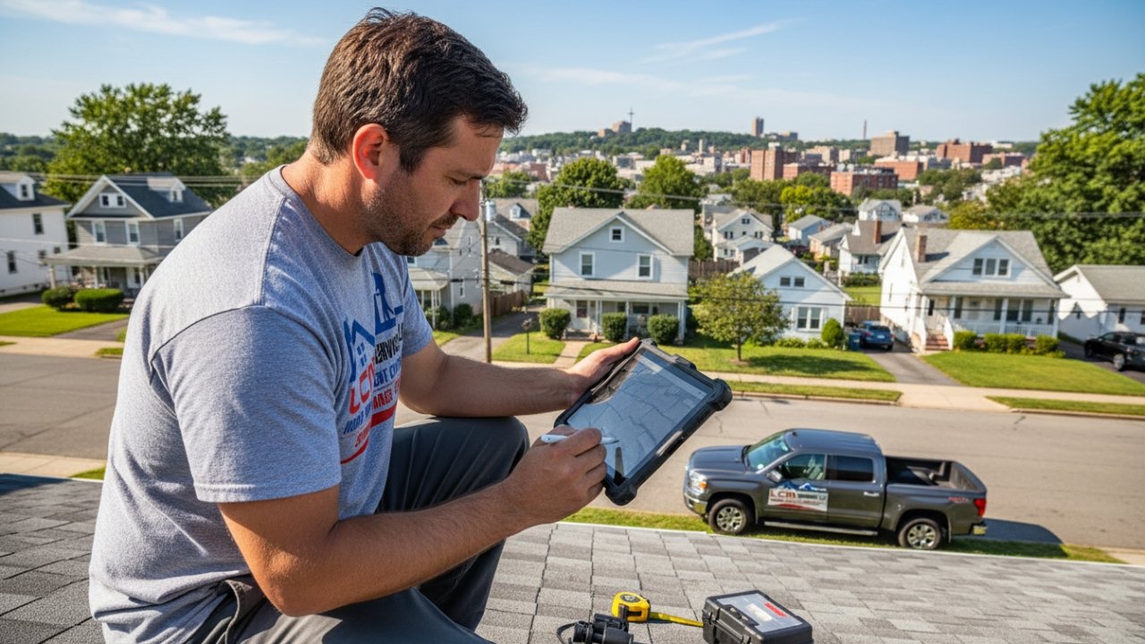Inspector documenting roof inspection CT