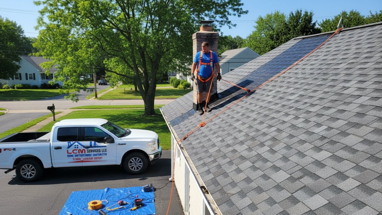 Newly repaired roof repair work in Waterbury, CT by LCM Services LLC.
