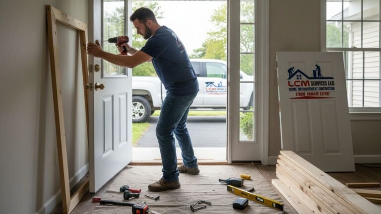 Technician aligning door properly Connecticut