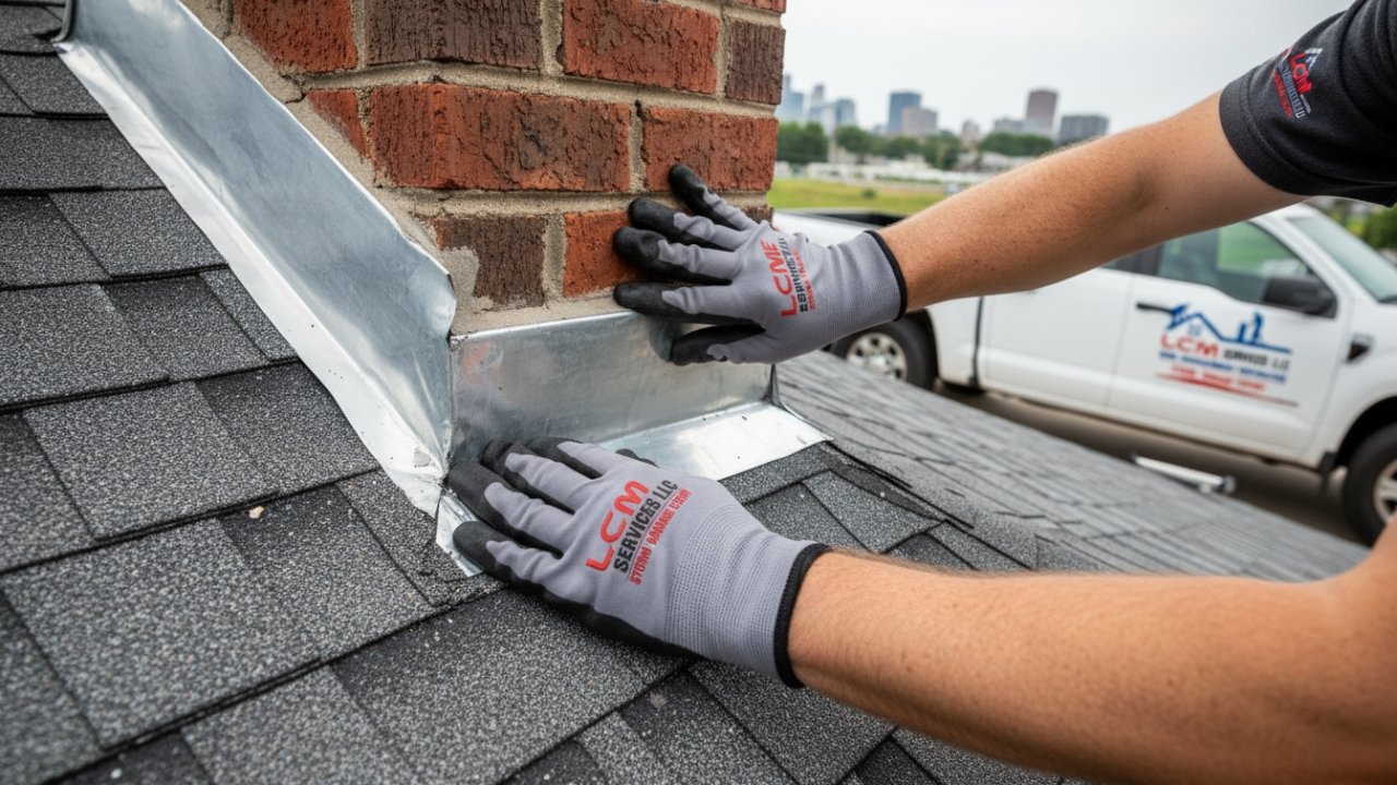 Technician inspecting roof flashing CT