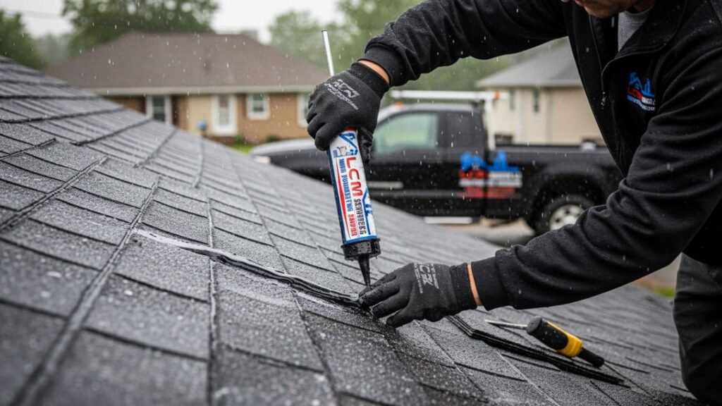 Technician repairing roof leak emergency Waterbury CT