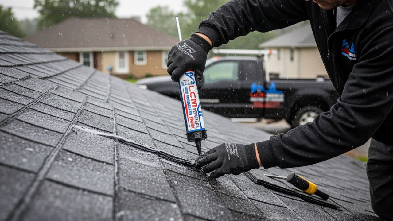 Technician repairing roof leak emergency Waterbury CT