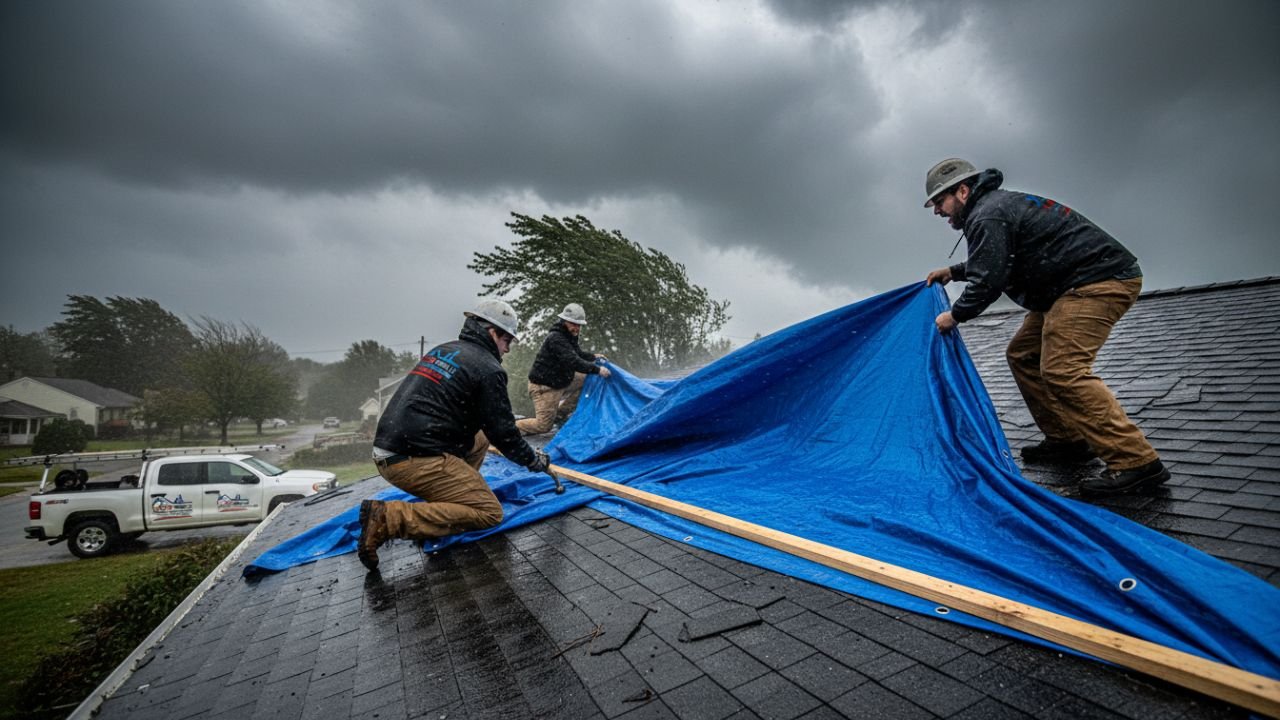Technicians installing emergency roof tarp during storm Waterbury CT
