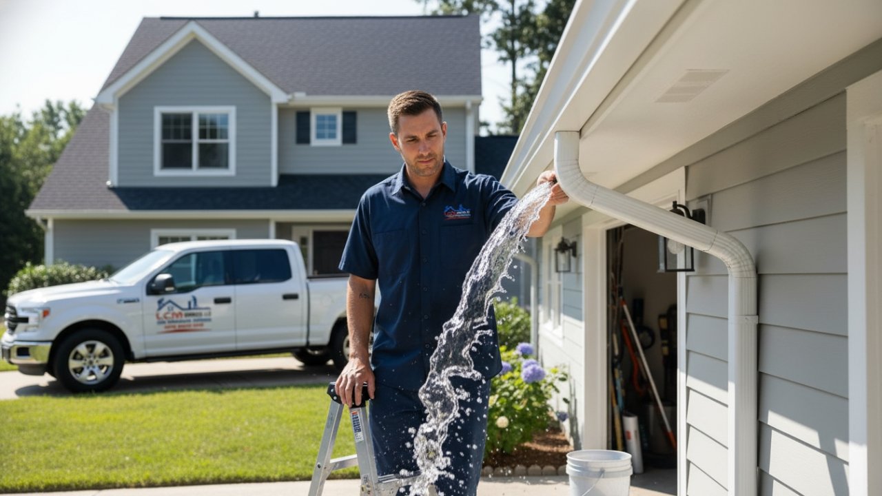 Testing gutter water flow after installation in CT